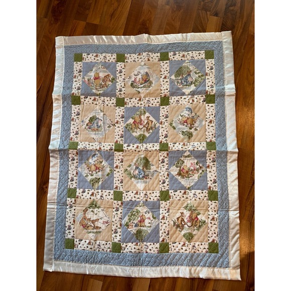 Disney Other - Disney Winnie the Pooh Baby Quilt Blue Tan Satin Trim Patchwork homemade crib